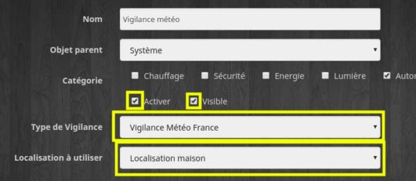 Créer un équipement vigilance météo France du plugin Vigilance Météo