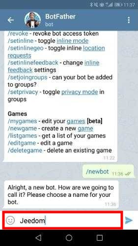 Choisir le nom du Bot dans Telegram