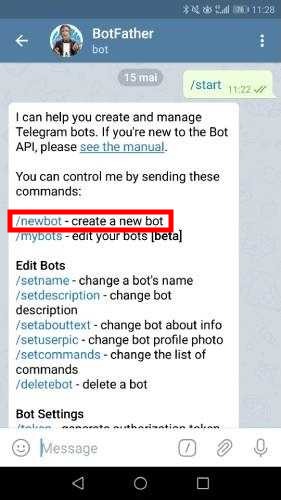Exécuter la commande newbot sur Telegram