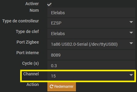Changer canal plugin Zigbee officiel Jeedom pour dongle Elelabs