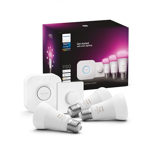 Philips Hue White and Color Ambiance, Kit de démarrage E27 x3 Equivalent 75W, 1100 lumen, Pont et Smart Button Hue, compatible Bluetooth, fonctionne avec Alexa, Google Assistant et Apple Homekit