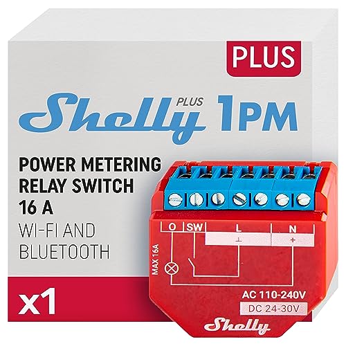 Shelly Plus 1PM | Interrupteur/commutateur de relais connecté avec compteur de consommation - 16A | Wi-Fi et Bluetooth | Domotique éclairage | Compatible Alexa et Google Home | App iOS Android