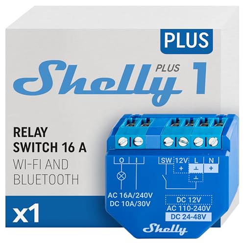 Shelly Plus 1 - Relais interrupteur connecté 16A, Wi-Fi & Bluetooth, Contacts secs, Commande à distance porte de garage, éclairage, Alexa & Google Home, App iOS Android, Aucun hub requis