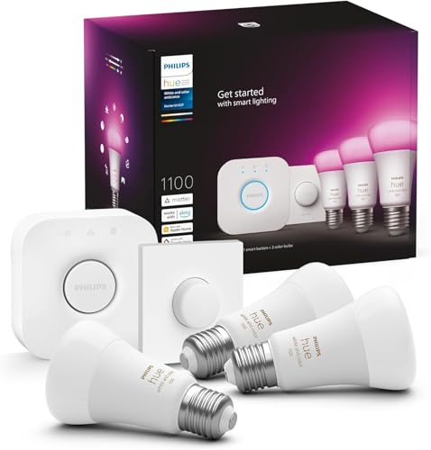 Philips Hue Kit de démarrage White Ambiance : 3 Ampoules LED Intelligentes et connectées E27, Pont de Connexion, Bouton Smart Hue, Compatible Bluetooth, Alexa, Google Assistant, Apple HomeKit